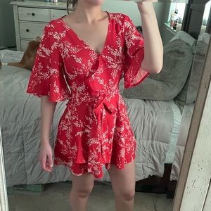 Red orange and White Romper with Tie waist
